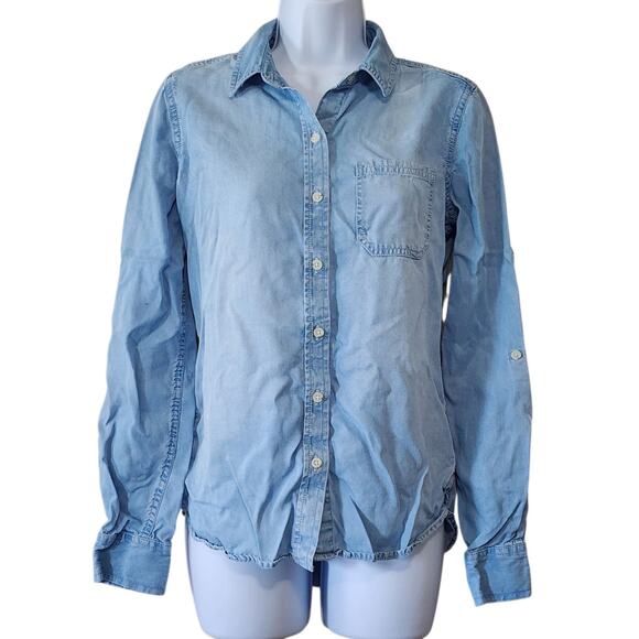 Mossimo Womens Chambray Top Size S Blue Button Down Roll Tab Sleeve - Picture 1 of 11